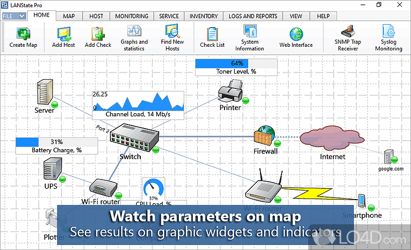 Scan network, find hosts, place them on a network diagram - Screenshot of 10-Strike LANState