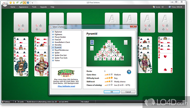 Multiple solitaire styles: classic, pyramid, flower and more - Screenshot of 123 Free Solitaire