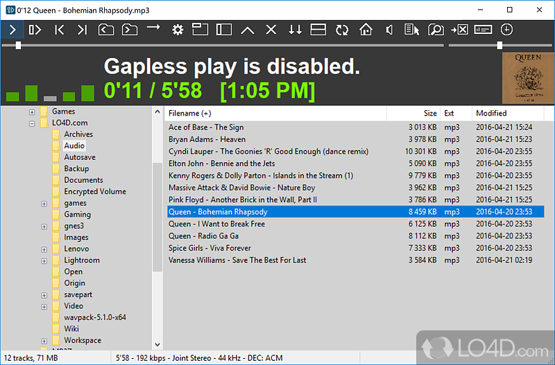 Multimedia player capable of rendering nearly any audio file, create playlists - Screenshot of 1by1