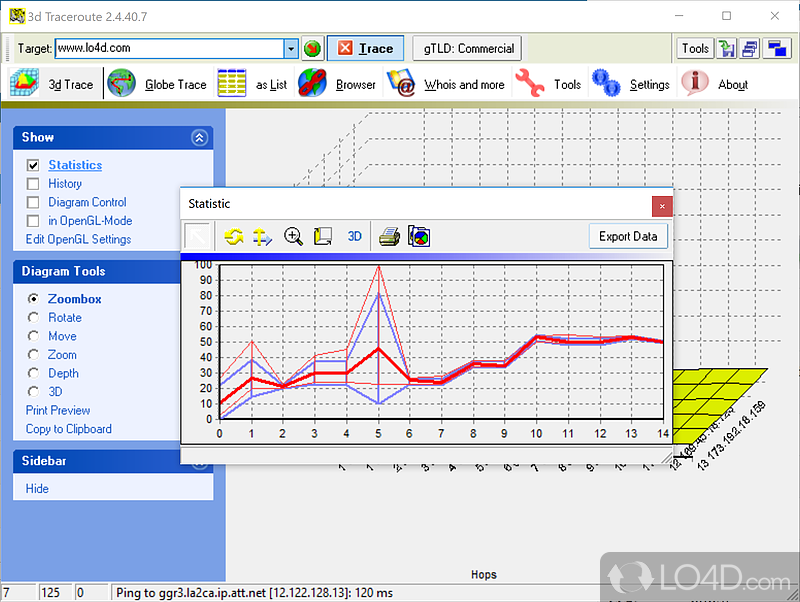 Provides traceroute details in a graphical 3D interface - Screenshot of 3D Traceroute