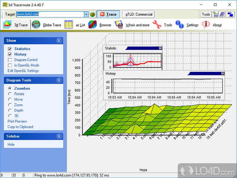 3D Traceroute: User interface - Screenshot of 3D Traceroute