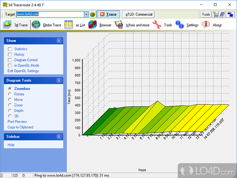 Helps users get details about network connections - Screenshot of 3D Traceroute