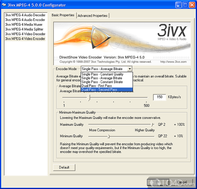 3ivx D4 for Windows: User interface - Screenshot of 3ivx D4 for Windows