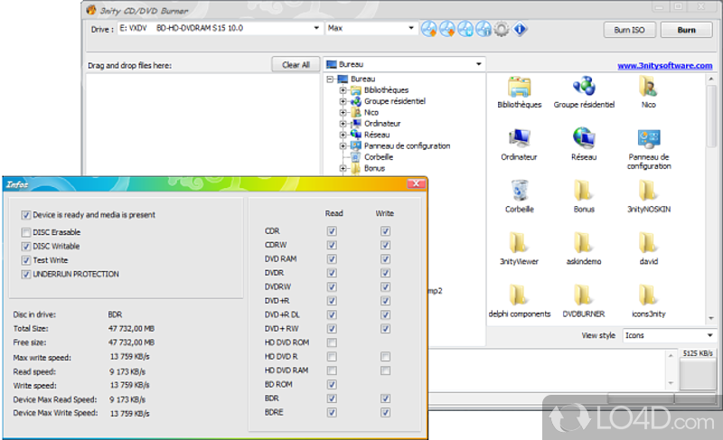 Use a tree view to manage data - Screenshot of 3nity CD/DVD Burner