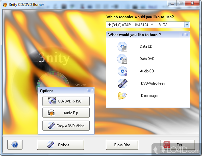 Can swiftly burn data on CDs and DVDs, as well as create ISO images, and erase rewritable discs - Screenshot of 3nity CD/DVD Burner