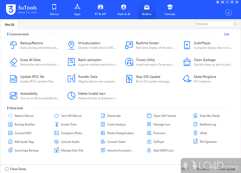 Useful tools: Backup/Restore, Fake GPS, iPjone cleaner, IPCC file, data transfer - Screenshot of 3uTools