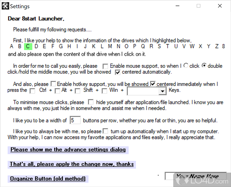 8start Launcher: User interface - Screenshot of 8start Launcher