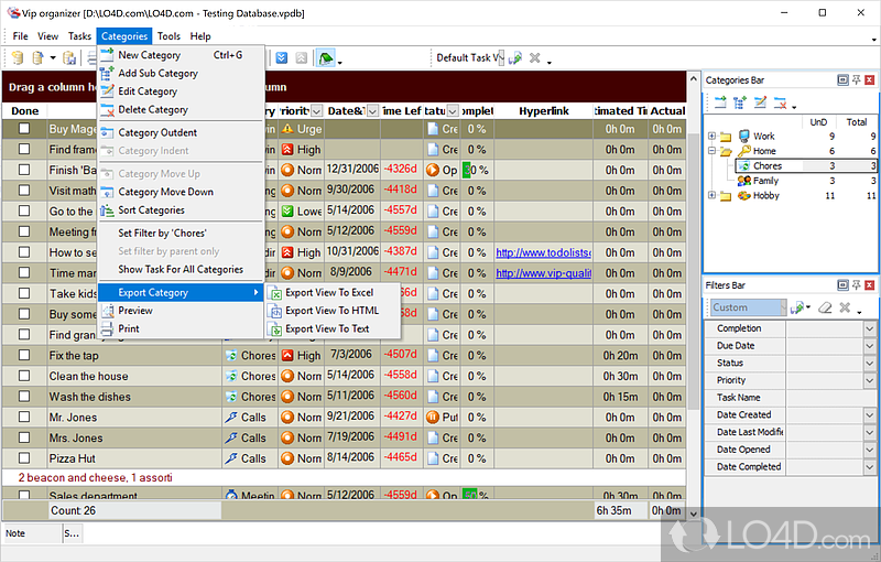 Task filtering and grouping capabilities - Screenshot of VIP Organizer