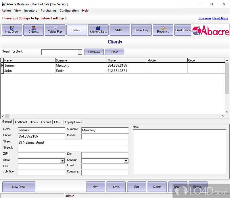 Abacre Restaurant Point of Sale: User interface - Screenshot of Abacre Restaurant Point of Sale