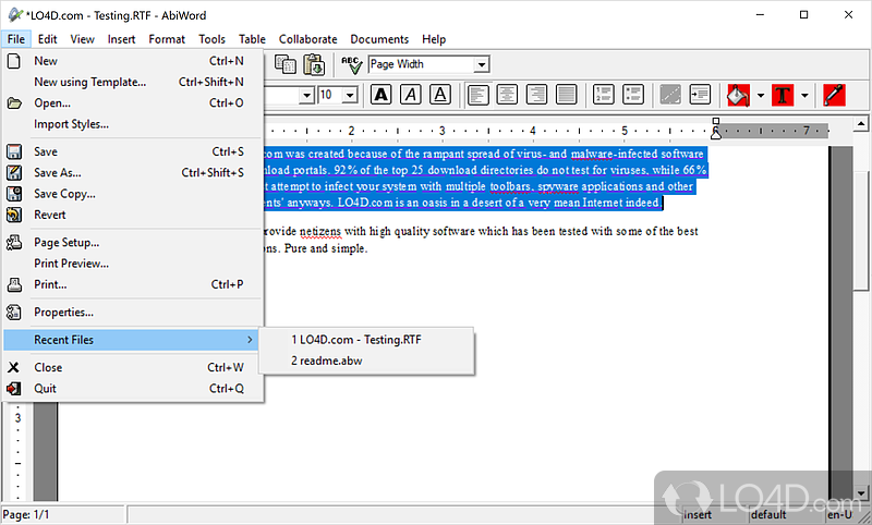 Support for multiple file types and languages - Screenshot of AbiWord