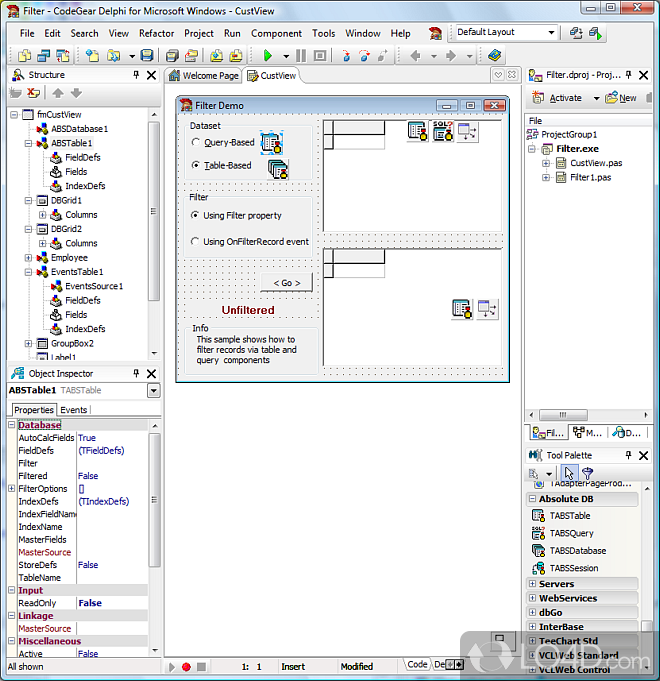Single File Delphi Database, BDE Replacement - Screenshot of Absolute Database