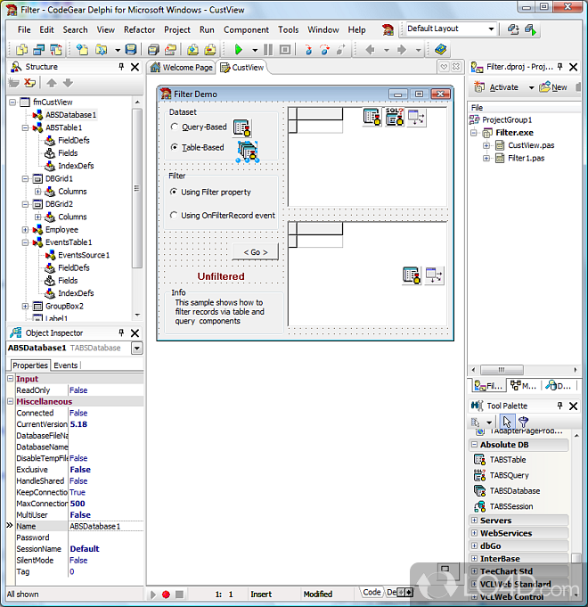 Single File Delphi Database, a great BDE replacement - Screenshot of Absolute Database