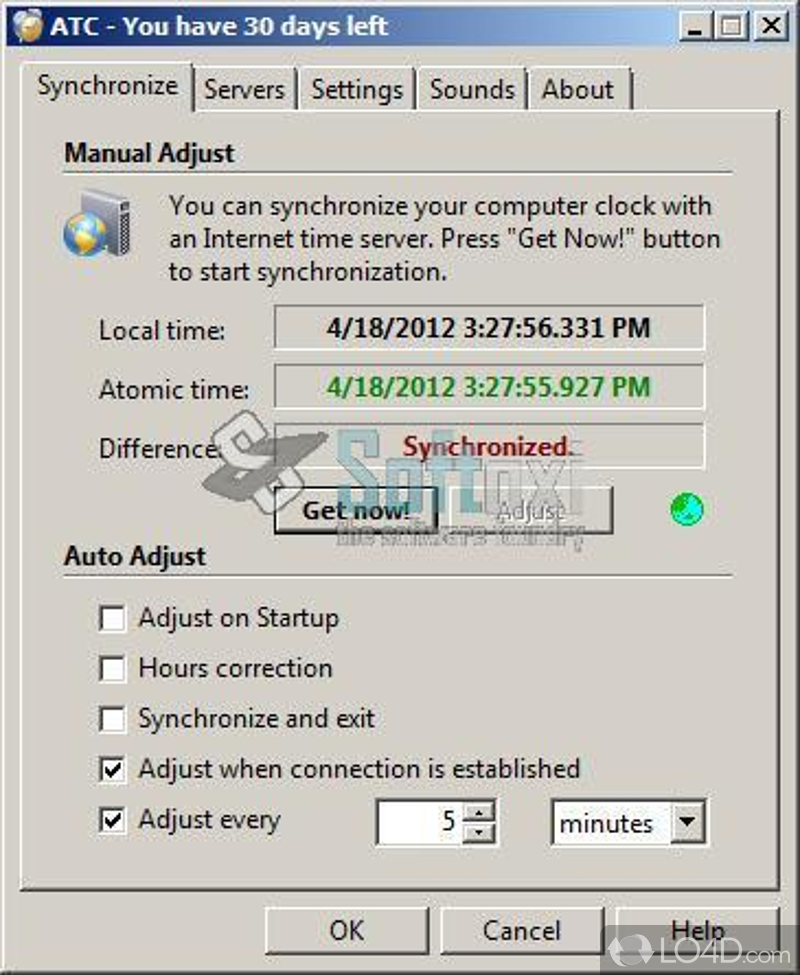 Synchronize computer clock with a network of NIST servers - Screenshot of Absolute Time Corrector