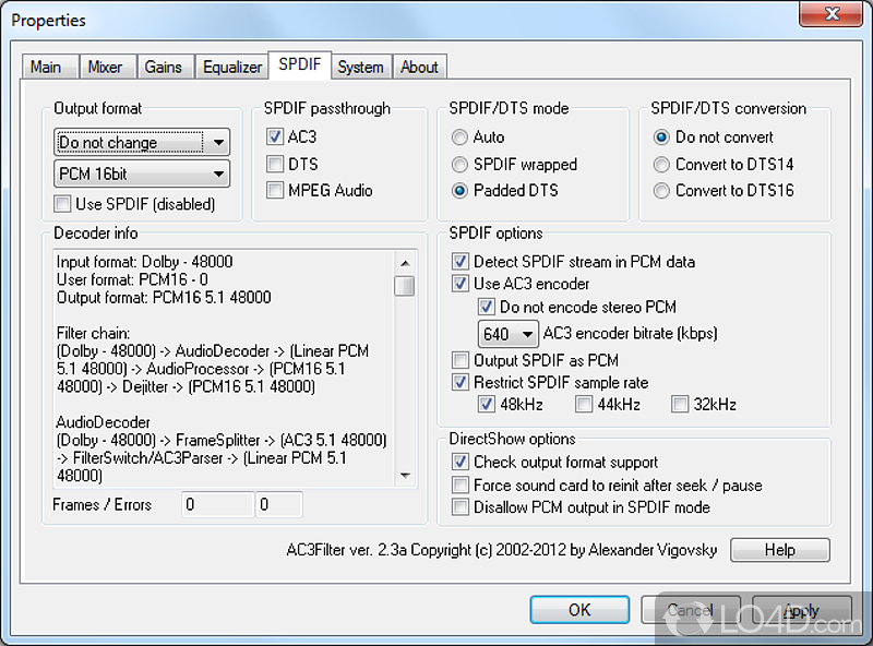 Settings for the mixing control - Screenshot of AC3Filter