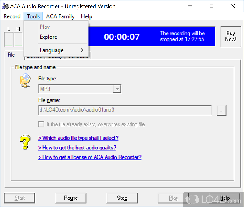 ACA Audio Recorder: User interface - Screenshot of ACA Audio Recorder