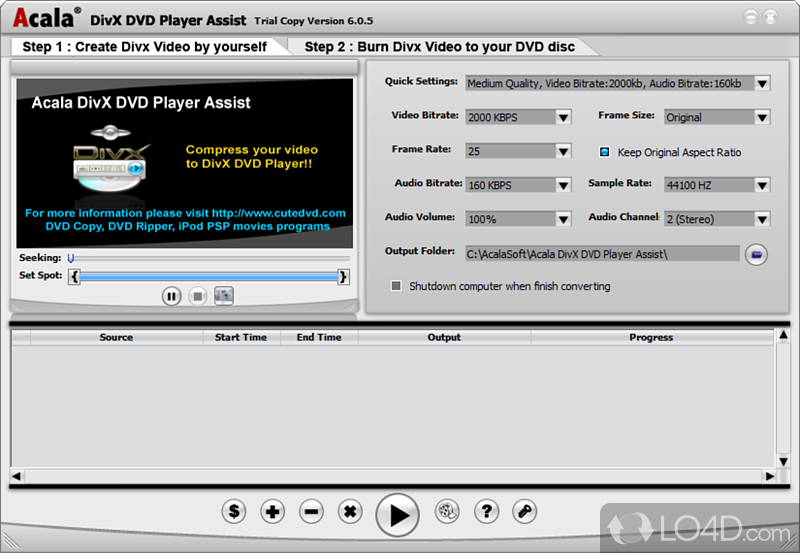 Provides users with the possibility to burn avi, divx, xvid, mpeg, wmv - Screenshot of Acala DivX DVD Player Assist