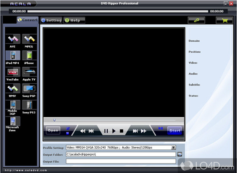 Rip DVD discs and convert movies AVI, MPEG, WMV, MP4, 3GP and other types of files - Screenshot of Acala DVD Ripper Professional