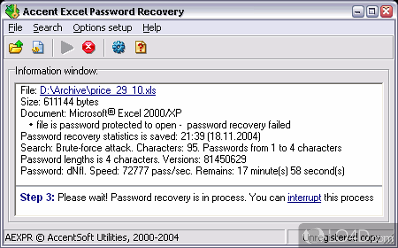Breaking Excel passwords is as easy as a pie - Screenshot of Accent Excel Password Recovery