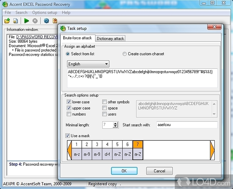 Recover XLS, XLSX, XLA or XLSM file passwords by performing scenario, brute-force or dictionary-based attacks - Screenshot of Accent Excel Password Recovery