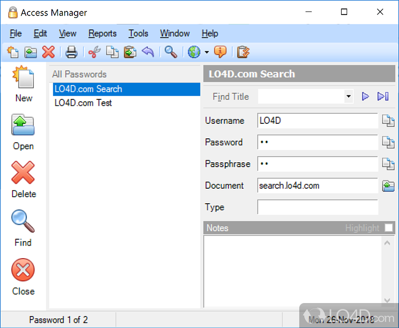 Keep all passwords in a list with support for a master password, data importing options from CSV - Screenshot of Access Manager