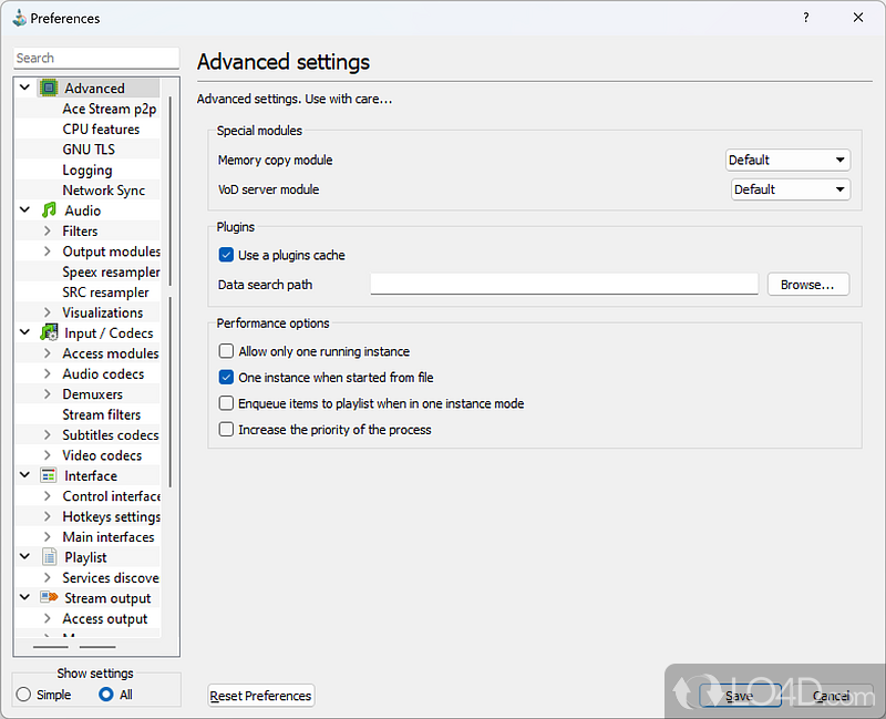 The advanced settings opens up an array of advanced options - Screenshot of ACE Stream Media