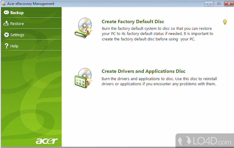 Piece of software developed specifically for ACER laptop users in order to help them create backup files - Screenshot of Acer eRecovery Management