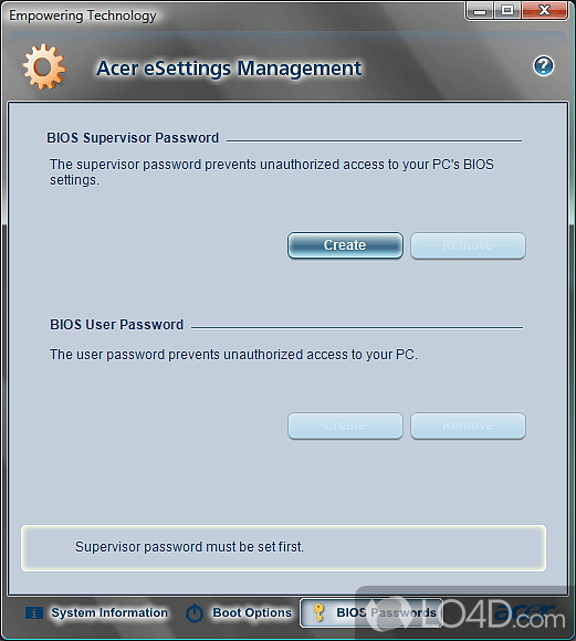 Acer eSettings Management: User interface - Screenshot of Acer eSettings Management