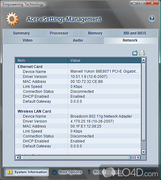 For system management that makes it possible for Acer laptops users to configure various system - Screenshot of Acer eSettings Management