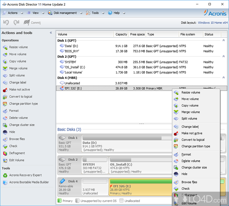 Full-featured partition management app that use to resize, copy, move, split, join partitions, run volume defragmentation - Screenshot of Acronis Disk Director Suite