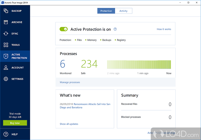 Different backup modes and advanced settings - Screenshot of Acronis True Image