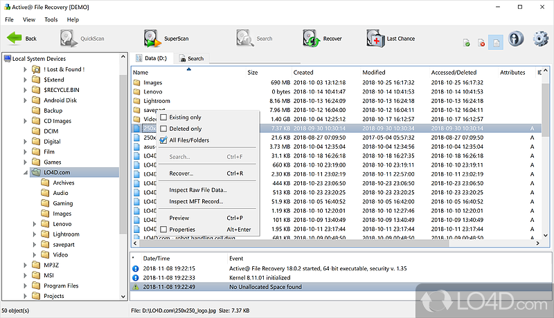 Lets you filter the results - Screenshot of Active File Recovery