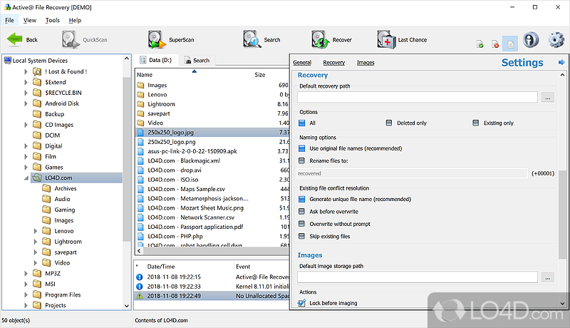 Active File Recovery: User interface - Screenshot of Active File Recovery
