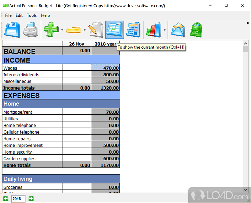 Actual Personal Budget Lite: User interface - Screenshot of Actual Personal Budget Lite