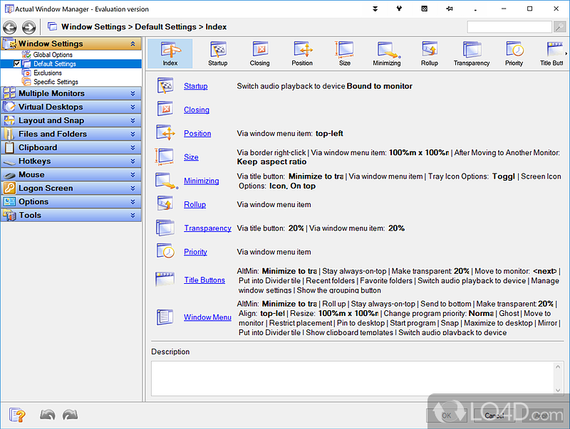 Software utility designed to function as a window manager, offering numerous customization options - Screenshot of Actual Window Manager