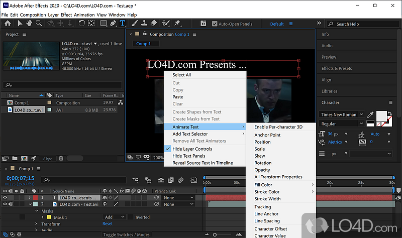 Includes a standalone animation tool that helps users bring characters to life - Screenshot of Adobe After Effects