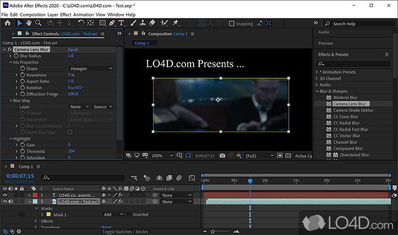 Apply an array of effects and set up various parameters - Screenshot of Adobe After Effects