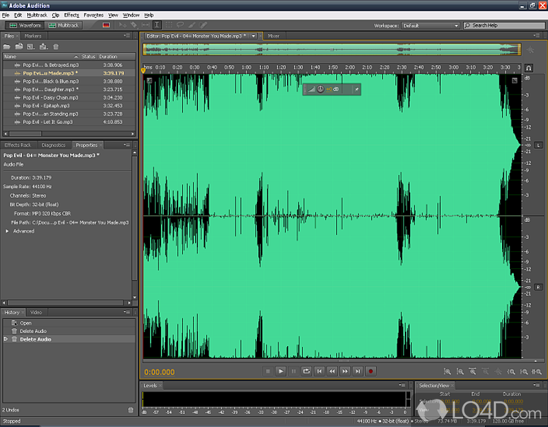 Create songs and radio spots, enhance recordings, generate mixes, and master audio files - Screenshot of Adobe Audition