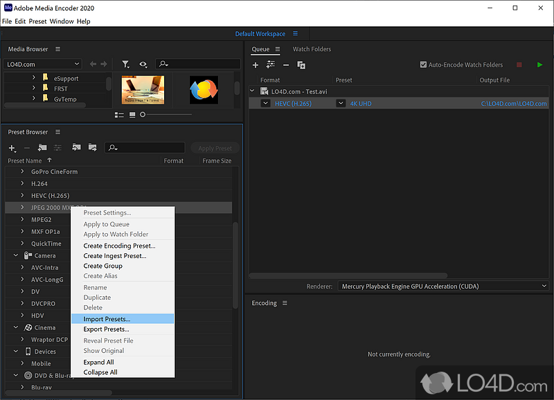 Adobe Media Encoder: Resolutions - Screenshot of Adobe Media Encoder