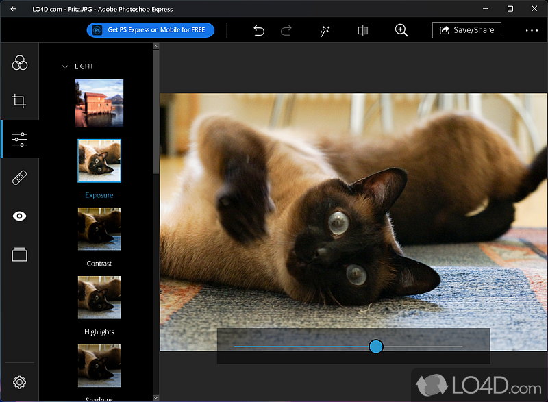 Can share the results on social media - Screenshot of Adobe Photoshop Express