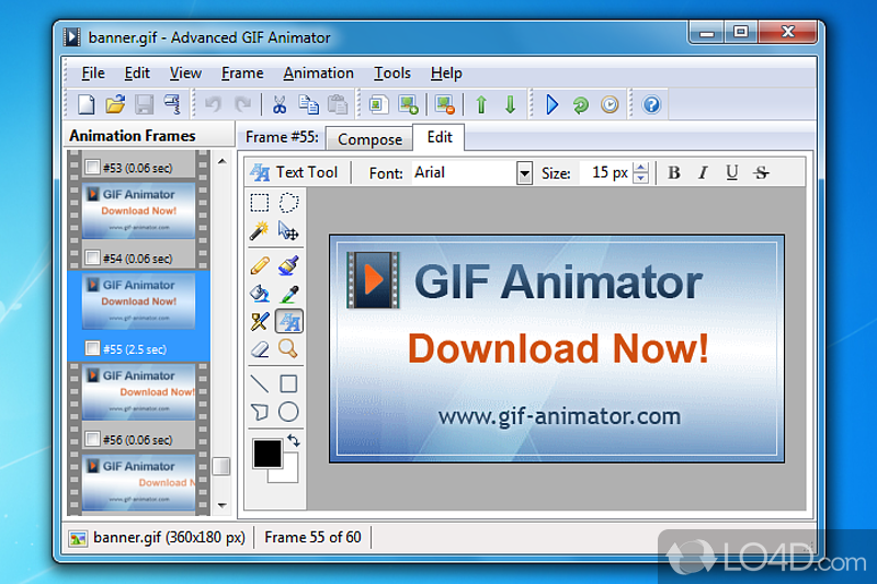 Tool for creating animated GIF images, banners, buttons - Screenshot of Adv GIF Animator