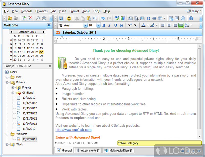 Digital journal where store all private information, with a built-in text editor with advanced formatting options - Screenshot of Advanced Diary