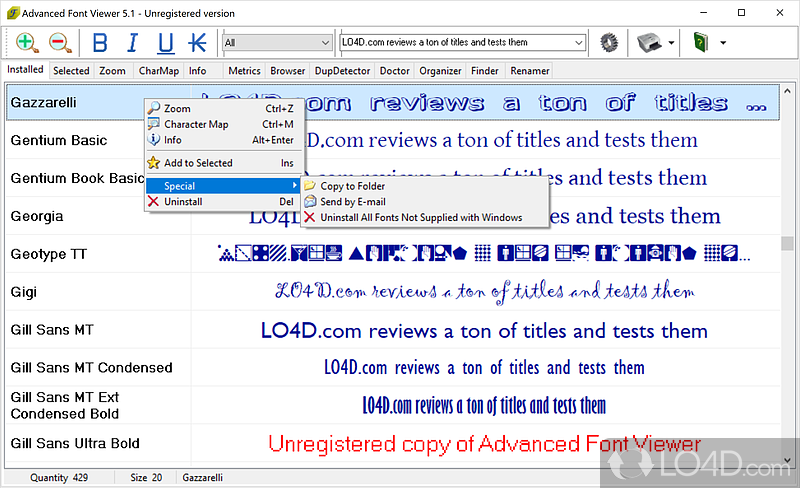 Viewing, printing and managing fonts - Screenshot of Advanced Font Viewer