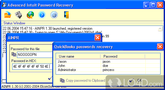 Enables you to retrieve forgotten or lost passwords from QuickBooks and Intuit Quicken files - Screenshot of Advanced Intuit Password Recovery