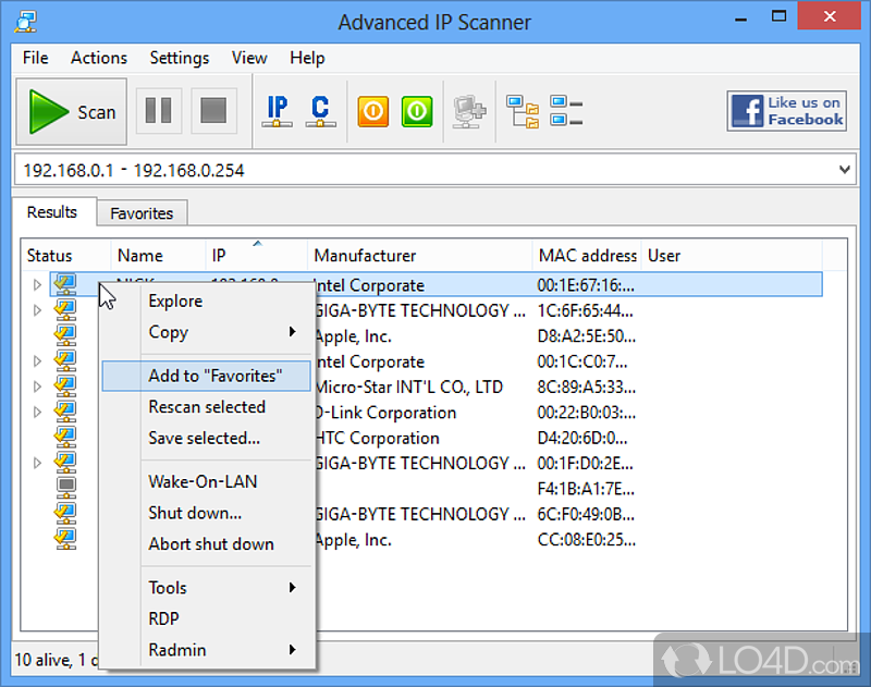 Retrieve information and manage PCs remotely - Screenshot of Advanced IP Scanner