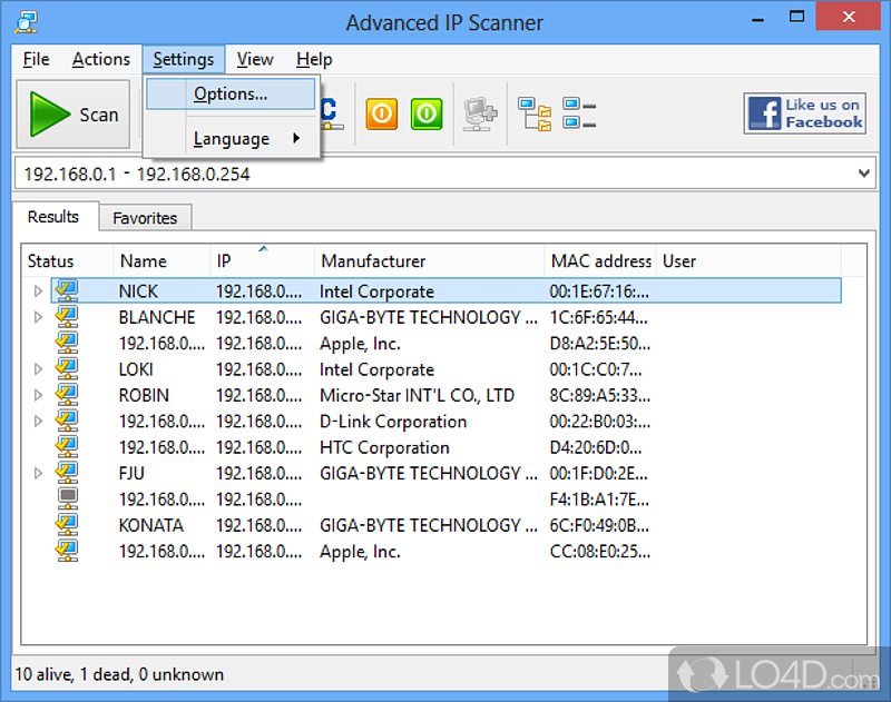 Offers optional transfer and chat capabilities - Screenshot of Advanced IP Scanner
