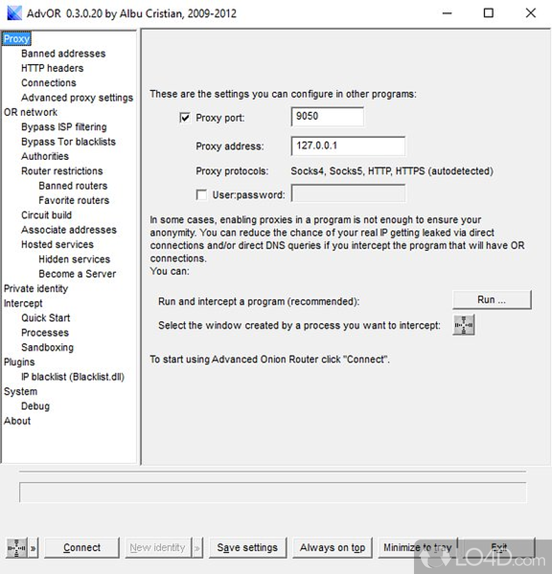 Client for OR networks that can force any program you are running to use a proxy server when connecting to the Internet - Screenshot of Advanced Onion Router