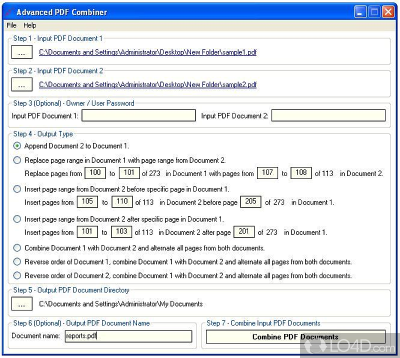 Input directory and combine two PDF files using one of the five different manipulation conditions given - Screenshot of Advanced PDF Combiner