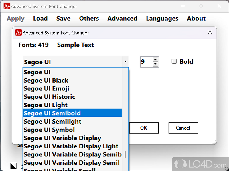 Control the font type and size in Windows - Screenshot of Advanced System Font Changer