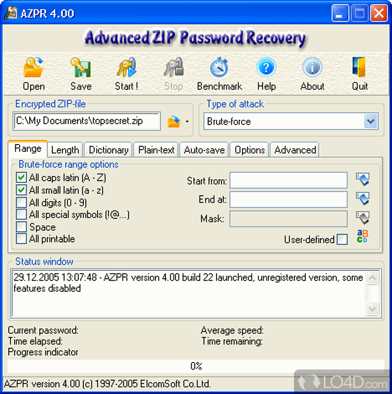 Unlock password-protected ZIP, RAR, ACE and ARJ archives quickly and efficiently - Screenshot of Advanced ZIP Password Recovery