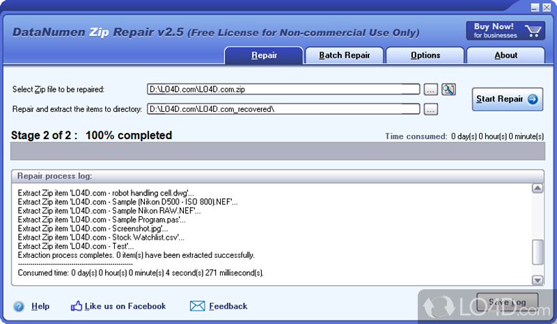 Repair corrupted Zip and SFX files - Screenshot of DataNumen Zip Repair
